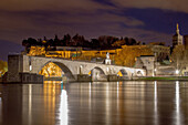 night shot, saint benezet bridge, also called the bridge of avignon, built between 1177 and 1185 over the rhone, avignon, vaucluse (84), france