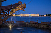 prow of the restaurant boat on the neva, hermitage museum in the mid-ground, saint petersburg, russia