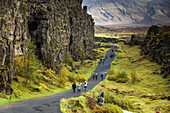 gorges of the almannagja, thingvellir national park, site of the old parliament where the independence of iceland was proclaimed, listed as a world heritage site by unesco, a fault zone and active volcano zone, the golden circle, southeastern iceland, eur