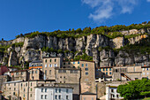 village of roquefort-sur-soulzon in the valley crossed by the soulzon river, (12) aveyron, midi-pyrenees, france