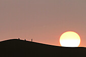 Morocco, Draa Valley, Tinfou, Tinfou dunes, Tourists on the dunes at sunrise