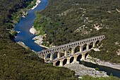 France, Gard (30), Roman Aqueduct Pont-rated Grand Site de France, World Heritage of Unesco (aerial photo)