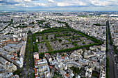 Europe, France, Paris, aerial view of Montparnasse Cemetery, Avenue du Maine on the right