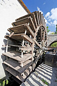 France,Seine et Marne, Moret sur ??Loing, Medieval village, Focus on the wheel of a mill tan (tanning)
