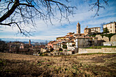 Hillside Village with Snow Covered Mountains in Background, Monforte d'Alba, Italy