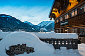 snow covered tavern, Schoppernau, Bregenz district, Vorarlberg, Austria