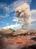 Eruption des aktiven Vulkans Tavurvur mit Aschewolke, im Vordergund heiße, dampfende Schwefelquellen, im Hintergrund die grüne Kegelspitze des ''Vulcan'', Papua Neuguinea, Neu Britannien, Süd Pazifik