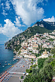 Aerial view of beach and Positano cityscape, Salerno, Italy