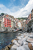 Buildings and rocky coastline near harbor, Manarola, La Spezia, Italy