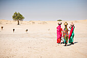 Women carrying water in traditional baskets in remote desert