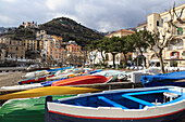 Minori, colourful boats on the beach with promenade in early spring, Costiera Amalfitana (Amalfi Coast), UNESCO World Heritage Site, Campania, Italy, Euruope