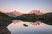 Reflections of Mont Blanc at sunset on Lac des Cheserys, Haute Savoie, French Alps, France, Europe