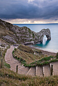 Steps leading down to Durdle Door on the Jurassic Coast, UNESCO World Heritage Site, Dorset, England, United Kingdom, Europe