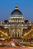 St. Peter's Basilica viewed along Via della Conciliazione at night, Rome, Lazio, Italy, Europe