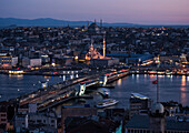 View over Istanbul skyline from The Galata Tower at night, Beyoglu, Istanbul, Turkey, Europe