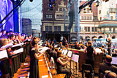 Choir and orchester at the open air concert in the evening, German Chinese choir and orchestra at the Bachfest Leipzig 2015, Bach Academy, town hall, market place, Leipzig, Saxony, Germany