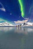 Northern Lights (aurora borealis) reflected in the cold waters, Flakstad, Lofoten Islands, Arctic, Norway, Scandinavia, Europe