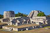 Overview, Round Temple to left at the back, and Castillo de Kukulcan to the right, Mayapan, Mayan archaeological site, Yucatan, Mexico, North America
