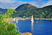 sailing boats and ships and mountains in the bay of Soufriere, St. Lucia, Saint Lucia, Lesser Antilles, West Indies, Windward Islands, Antilles, Caribbean, Central America
