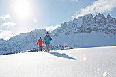 Group of people snow shoeing, Kreuzwiesenalm, Luesen, South Tyrol, Italy