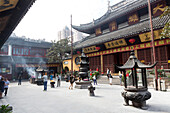 Courtyard of Yufo Temple, Jade Buddha Temple, burning incence, buddhist monastery, skyscraper, traditional architecture, Putuo District, Shanghai, China, Asia