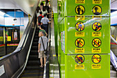 warning signs, symbols, pictogram, pictograph, rules of conduct, escalator, stairs, Guangzhou, Canton, Guangdong Province, China, Asia