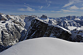 View from top of Schlechten to the Three Peaks, Sexten Dolomites, South Tyrol, Italy