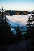 Fog fills the valleys below at dawn on Saddle Mountain, Hamlet, Oregon, United States of America