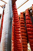 Arctic Char filets on drying racks, Arctic Ocean, near Cambridge Bay, Nunavut, Canada