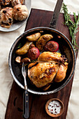 Roast chicken and vegetables in pot