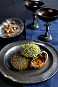 Plate of sea hedgehog on table