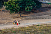 People carrying baskets on dirt path in rural landscape