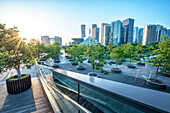 Urban jungle, modern Hangzhou Jianggan cityscape on a beautiful day, Hangzhou, Zhejiang, China, Asia