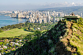 Honolulu from atop Diamond Head State Monument Leahi Crater, Honolulu, Oahu, Hawaii, United States of America, Pacific