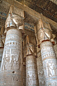 Hathor-headed columns, Hypostyle Hall, Temple of Hathor, Dendera, Egypt, North Africa, Africa
