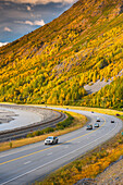 Traffic on the Seward Highway along Turnagain Arm section of the Cook Inlet on a Fall day in South Central Alaska, HDR