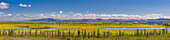 Panoramic view of the village of Noatak, surrounding wetlands and the Baird Mountains in the background, Arctic Alaska, summer