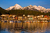 Downtown Sitka And And Small Boat Harbor With Arrowhead Peak In The Background, Southeast, Alaska