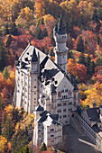 Blick auf das Schloss Neuschwanstein von oben im Herbst, Oberallgäu, Bayern, Deutschland