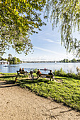 people enjoying the view and the sun at the Outer Alster, Hamburg, north Germany, Germany