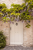 Wisteria in full bloom surrounds a door in Saint-Dye-sur-Loire, Loir-et-Cher, France, Europe