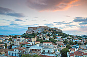 View of Plaka and The Acropolis at sunset, Athens, Greece, Europe