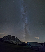 The Milky Way in the starry sky above the Odle, Funes Valley, South Tyrol, Dolomites, Italy, Europe