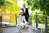 Gay couple, just married, High line, park built on an elevated section of a disused railroad, downtown, Manhattan, New York City, USA, America