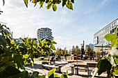 Children's playground and Marco Polo Tower in the Hafencity of Hamburg, north Germany, Germany