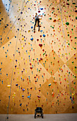 Paraplegic woman rock climbing in gym