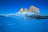 The blue dusk on Sassopiatto and Sassolungo, Fassa Valley, Sella Pass, Trentino-Alto Adige, Dolomites, Italy, Europe