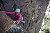 Rock climber Angela Seidling climbing at Red Rocks Conservation Area.
