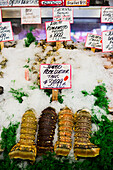 Fresh lobster at a stand at Pike Place Market in Seattle, WA.