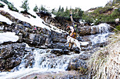 Backcountry skier and his dog crossing a creek in the Ammergauer Alps, Bavaria, Germany